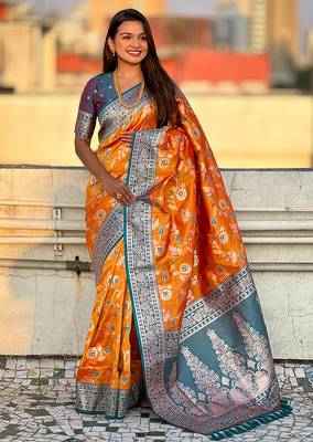 Orange banarasi silk zari woven saree with contrast blouse piece 1