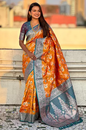 Orange banarasi silk zari woven saree with contrast blouse piece