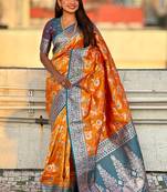 Orange banarasi silk zari woven saree with contrast blouse piece