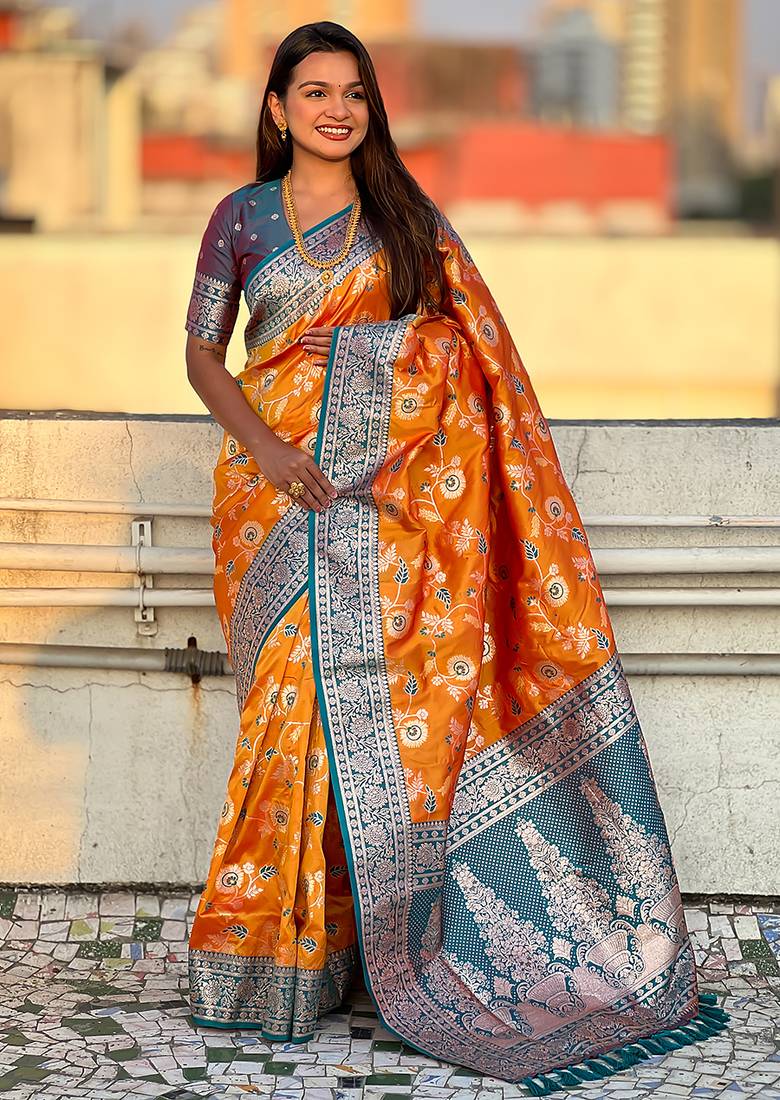Orange banarasi silk zari woven saree with contrast blouse piece