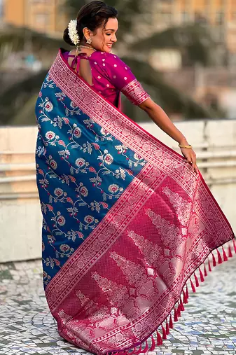 Blue banarasi silk zari woven saree with contrast blouse piece