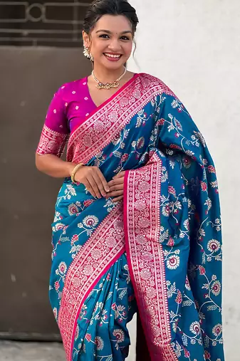 Blue banarasi silk zari woven saree with contrast blouse piece