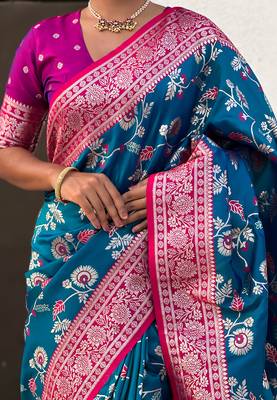 Blue banarasi silk zari woven saree with contrast blouse piece 4