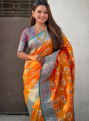 Orange banarasi silk zari woven saree with contrast blouse piece 4