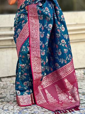 Blue banarasi silk zari woven saree with contrast blouse piece 5
