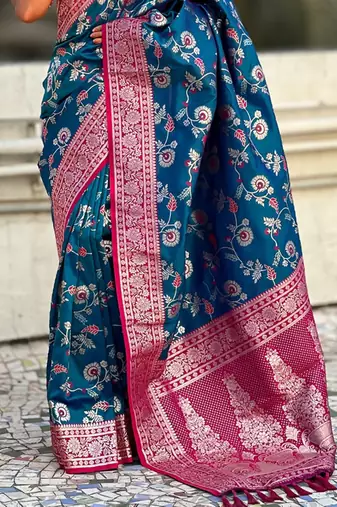 Blue banarasi silk zari woven saree with contrast blouse piece