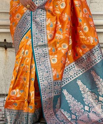 Orange banarasi silk zari woven saree with contrast blouse piece 5