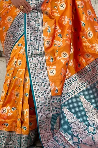 Orange banarasi silk zari woven saree with contrast blouse piece