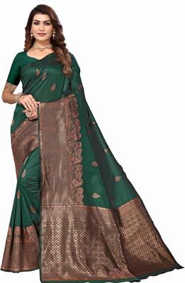 Green silk blend banarasi saree with unstitched blouse piece 1