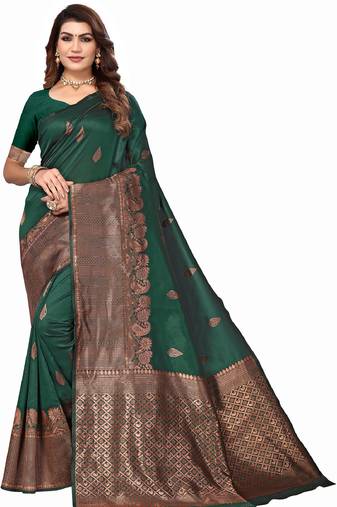 Green soft silk blend banarasi jacuard work designer party wear saree with unstitched blouse piece