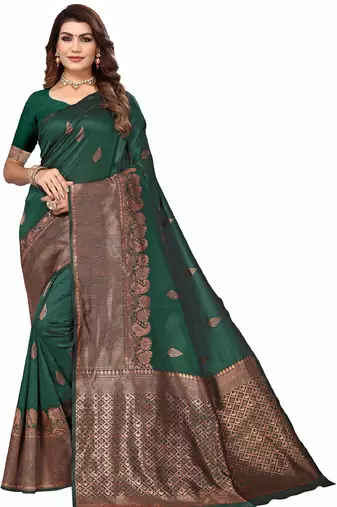 Green soft silk blend banarasi jacuard work designer party wear saree with unstitched blouse piece