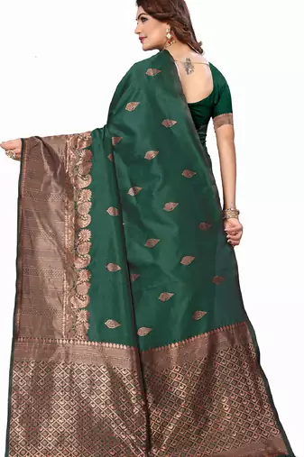 Green silk blend banarasi saree with unstitched blouse piece