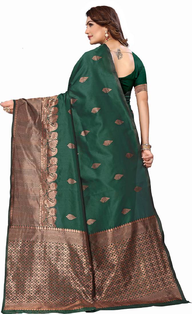 Green soft silk blend banarasi jacuard work designer party wear saree with unstitched blouse piece