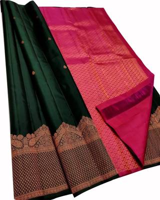 Green pink silk blend banarasi saree with unstitched blouse piece 1