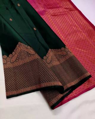 Green pink silk blend banarasi saree with unstitched blouse piece 2