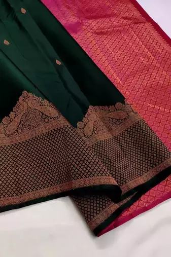 Green pink silk blend banarasi saree with unstitched blouse piece