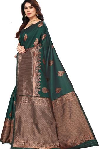 Green soft silk blend banarasi jacuard work designer party wear saree with unstitched blouse piece
