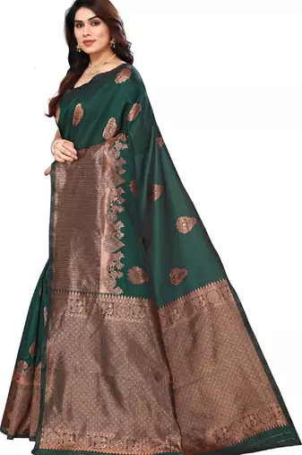 Green soft silk blend banarasi jacuard work designer party wear saree with unstitched blouse piece