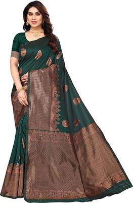 Green silk blend banarasi saree with unstitched blouse piece 2