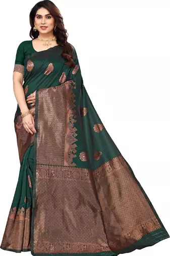 Green silk blend banarasi saree with unstitched blouse piece