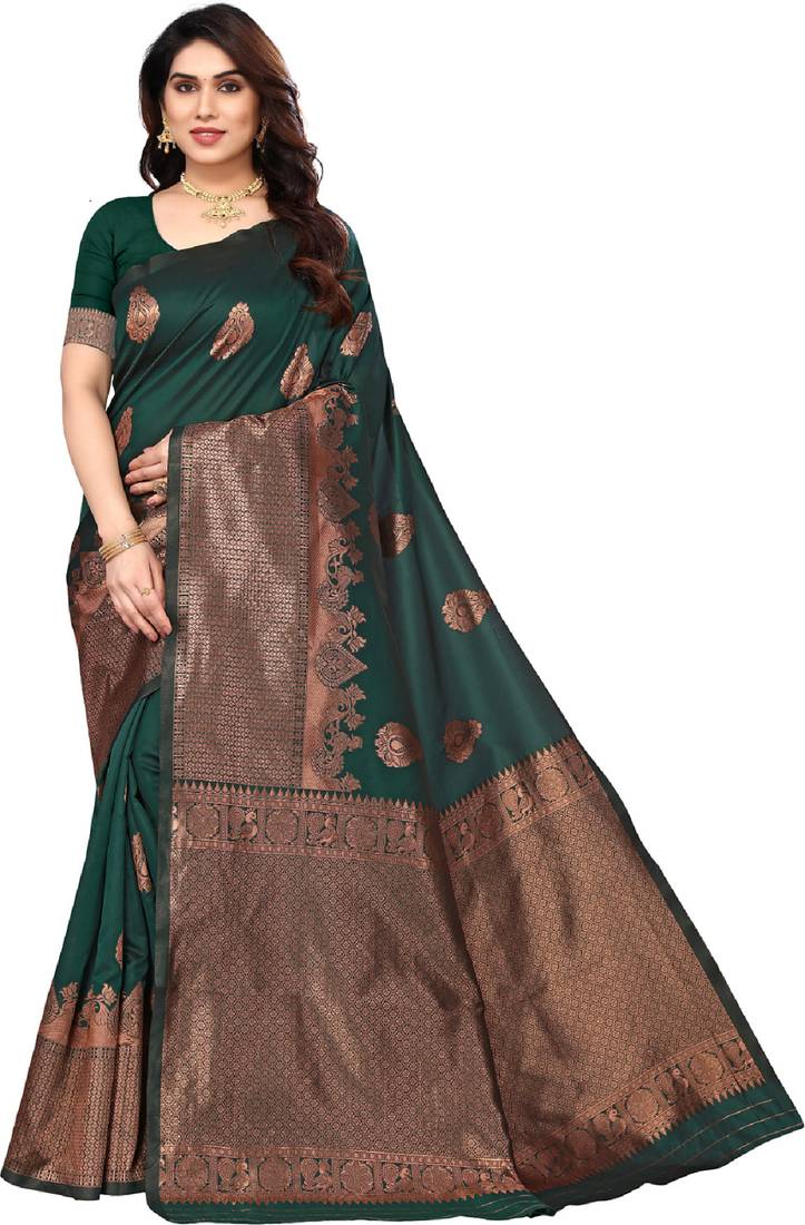 Green soft silk blend banarasi jacuard work designer party wear saree with unstitched blouse piece