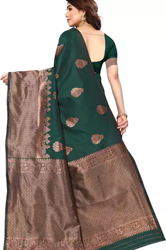 Green silk blend banarasi saree with unstitched blouse piece