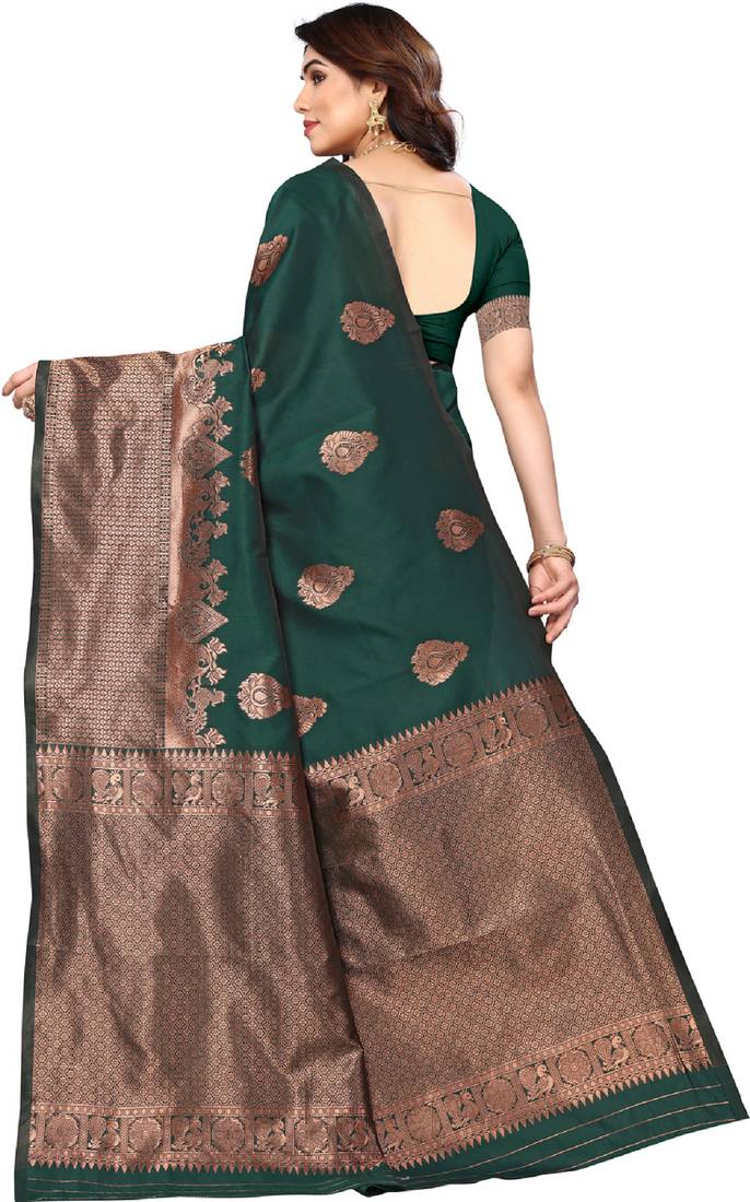 Green soft silk blend banarasi jacuard work designer party wear saree with unstitched blouse piece