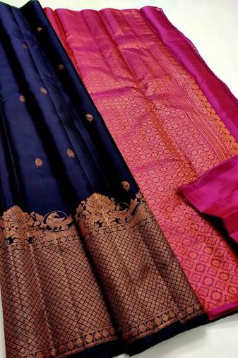 Blue pink soft silk blend banarasi jacuard work designer party wear saree with unstitched blouse piece