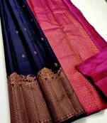 Blue pink soft silk blend banarasi jacuard work designer party wear saree with unstitched blouse piece
