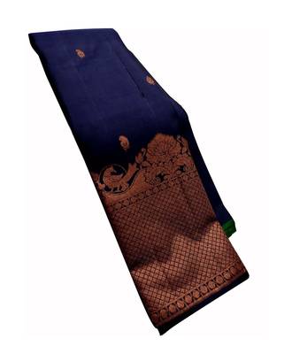 Blue pink silk blend banarasi saree with unstitched blouse piece 3