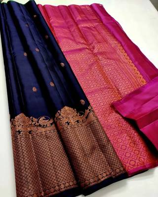 Blue pink silk blend banarasi saree with unstitched blouse piece 4