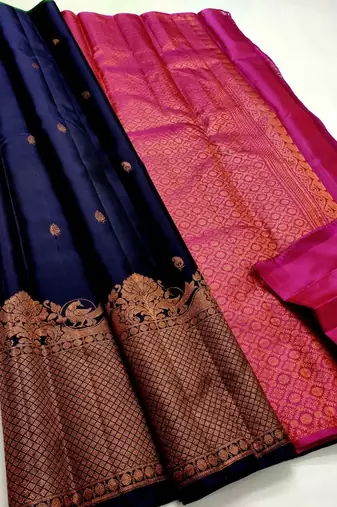 Blue pink silk blend banarasi saree with unstitched blouse piece