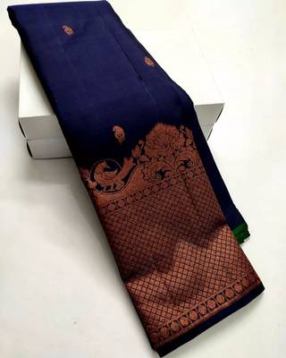 Blue pink silk blend banarasi saree with unstitched blouse piece 5