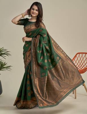 Green silk blend banarasi saree with unstitched blouse piece 1