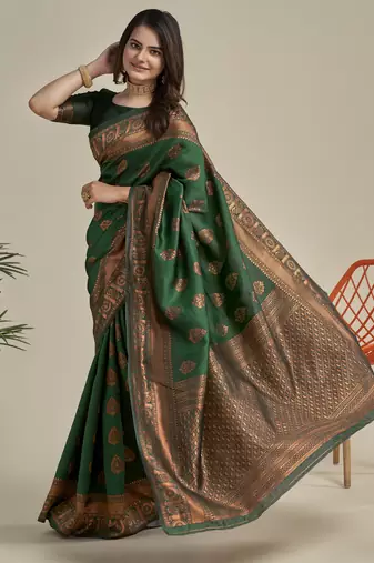 Green soft silk blend banarasi jacuard work designer party wear saree with unstitched blouse piece