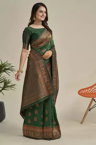 Green silk blend banarasi saree with unstitched blouse piece