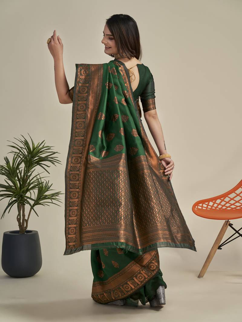Green soft silk blend banarasi jacuard work designer party wear saree with unstitched blouse piece