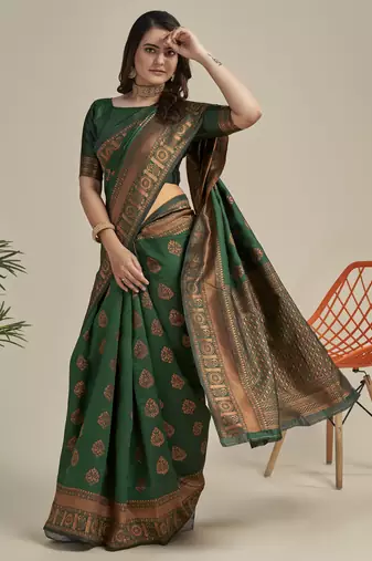 Green silk blend banarasi saree with unstitched blouse piece