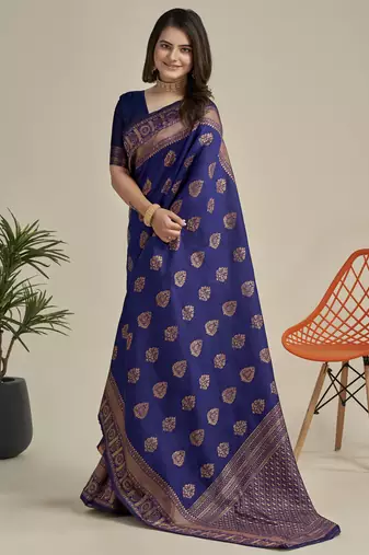 Blue soft silk blend banarasi jacuard work designer party wear saree with unstitched blouse piece