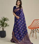 Blue soft silk blend banarasi jacuard work designer party wear saree with unstitched blouse piece