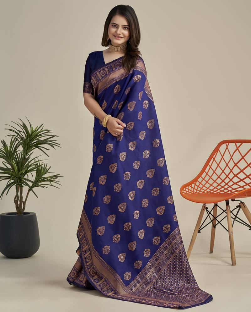 Blue soft silk blend banarasi jacuard work designer party wear saree with unstitched blouse piece