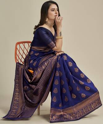 Blue silk blend banarasi saree with unstitched blouse piece 2