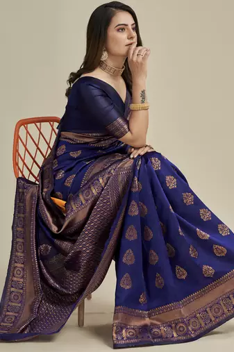 Blue silk blend banarasi saree with unstitched blouse piece