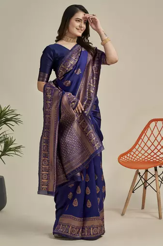 Blue silk blend banarasi saree with unstitched blouse piece