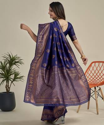 Blue silk blend banarasi saree with unstitched blouse piece 4