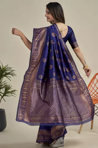 Blue silk blend banarasi saree with unstitched blouse piece