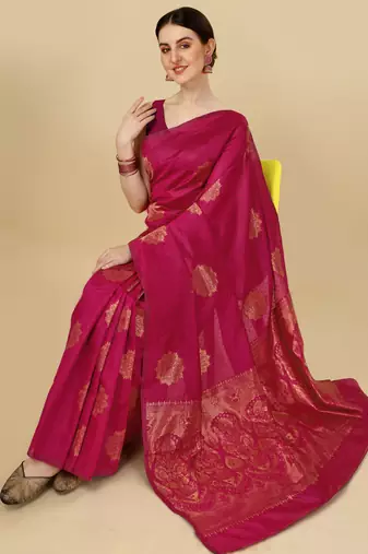Pink soft silk blend banarasi jacuard work designer party wear saree with unstitched blouse piece