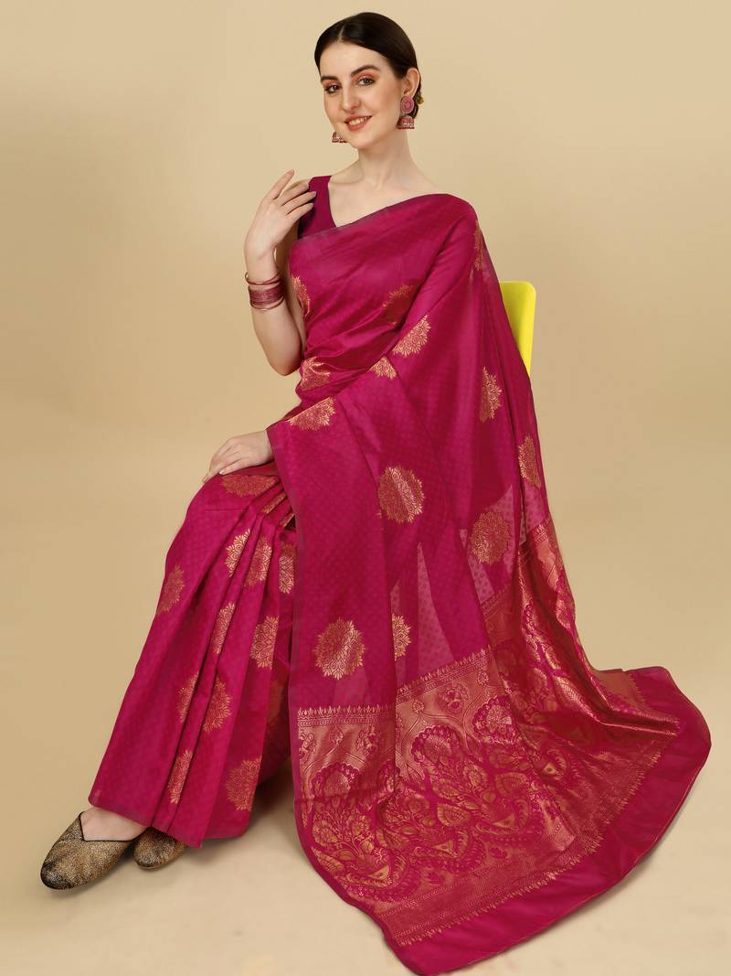 Pink soft silk blend banarasi jacuard work designer party wear saree with unstitched blouse piece