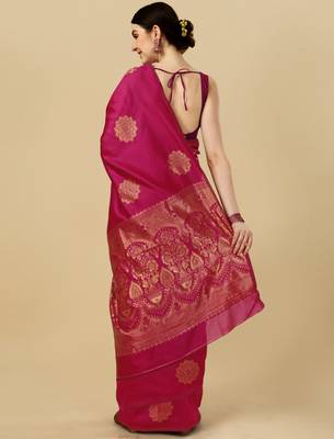 Pink silk blend banarasi saree with unstitched blouse piece 2