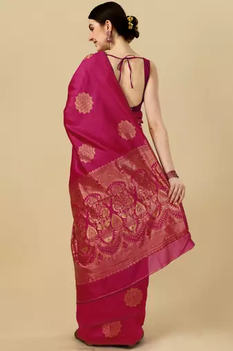 Pink silk blend banarasi saree with unstitched blouse piece